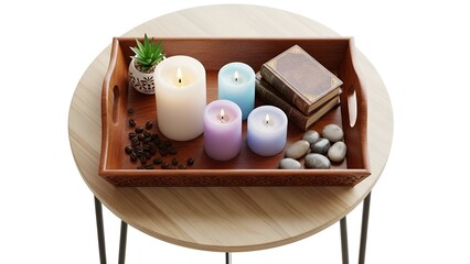 A wooden tray displays candles, books, stones, and a plant on a round table