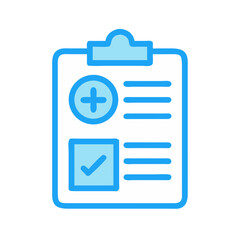 Blue clipboard with plus symbol and checkmark vector icon