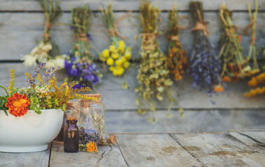 Medicinal herbs and tinctures homeopathy. Selective focus.