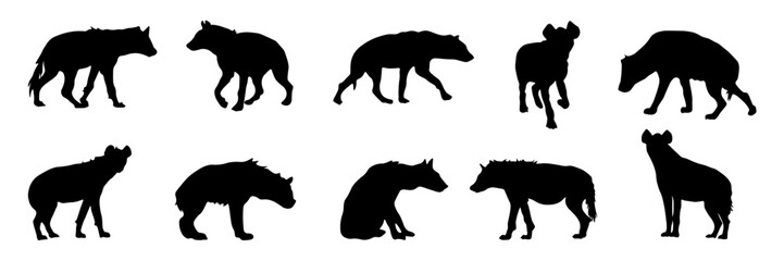 Hyena silhouettes. Various hyena poses: running, standing, sitting. Wild animals.