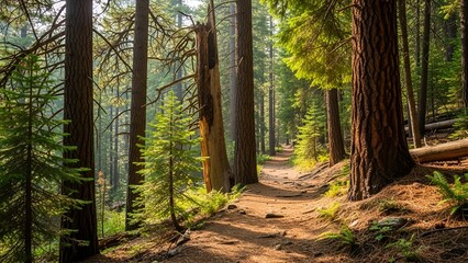 Lush forest scene with a dirt path winding through tall trees, dappled sunlight
