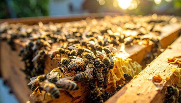 Bees clustered atop a wooden frame, golden sunlight highlighting their forms and the honeycomb within