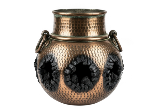 Ornate copper pot with charcoal accents isolated on transparent background home decor display art