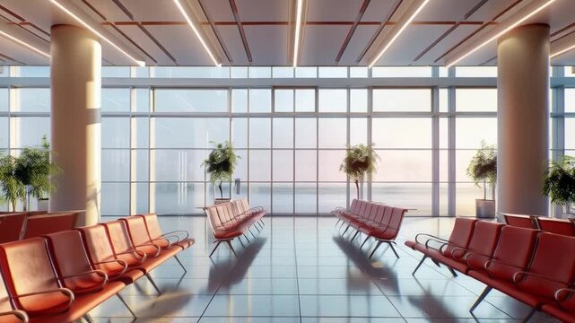 The bright airport waiting room with rows of empty seats and panoramic windows creates an atmosphere of calm &mdash; suitable as a neutral backdrop for travel and architecture.
