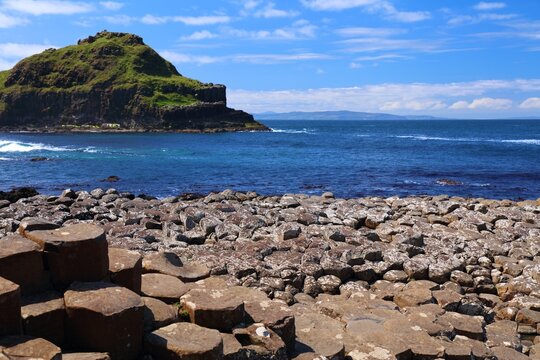 Giant's Causeway natural landmark scenery in Northern Ireland. Wonder of nature in County Antrim. Summer landscape.