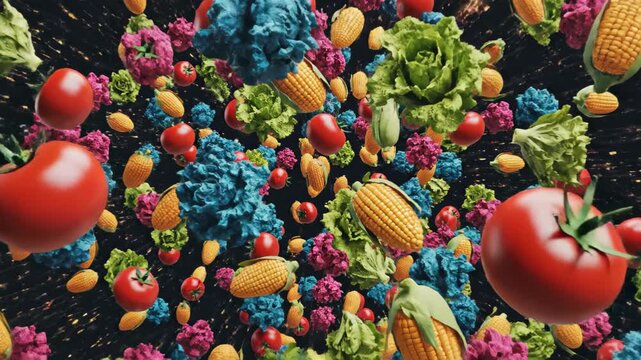 Colorful Vegetables and Fruits Exploding in Artistic Display