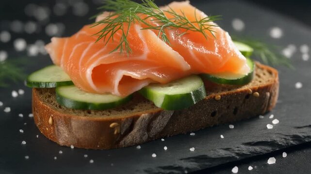 Deliciously fresh salmon and cucumber sandwich on dark rye bread sprinkled with salt and dill