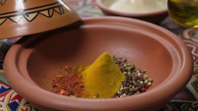 An exotic assortment of whole and ground spices, including turmeric and paprika, ready for a flavorful Moroccan tagine recipe