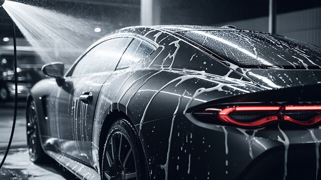 Dark luxury car being washed with soap and water spray car wash automobile