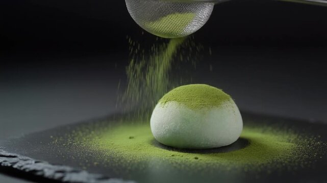Close-up of fine green matcha powder being sieved onto a delicate white mochi rice cake on a black background