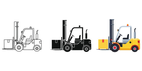 Fototapeta premium Forklift Carrying a Box In Three styles vector set line art, silhouette and color version