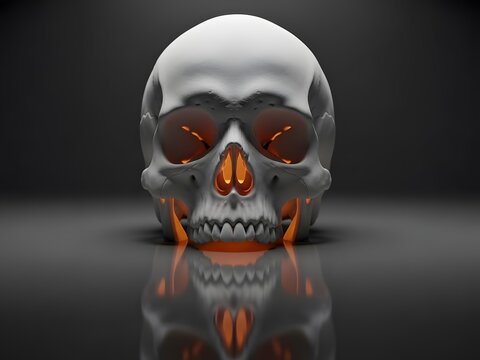 A cinematic 3D rendering of a human skull floating slightly above a reflective surface. Soft rim lighting reveals intricate bone textures and deep cavities with dramatic clarity. Ultra-realistic shadi