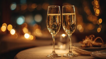 Close-up of two champagne glasses touching in romantic toast with bokeh lights background creating intimate celebration mood, perfect for New Year Eve romantic date anniversary concepts