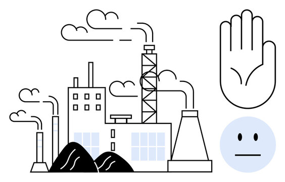 Factory releasing smoke into air, coal piles, neutral expression, and stop hand gesture. Ideal for pollution, climate action, industrial impact, environmental awareness, sustainability advocacy eco