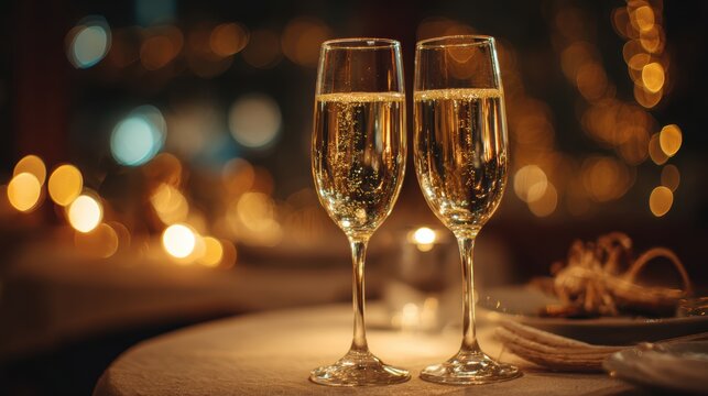 Close-up of two champagne glasses touching in romantic toast with bokeh lights background creating intimate celebration mood, perfect for New Year Eve romantic date anniversary concepts - Powered by Adobe