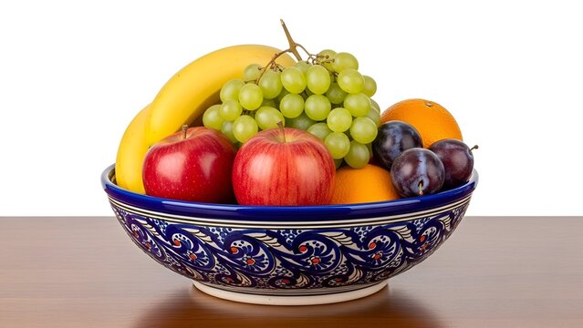 A colorful assortment of fresh fruit, arranged in a decorative bowl on a wooden surface