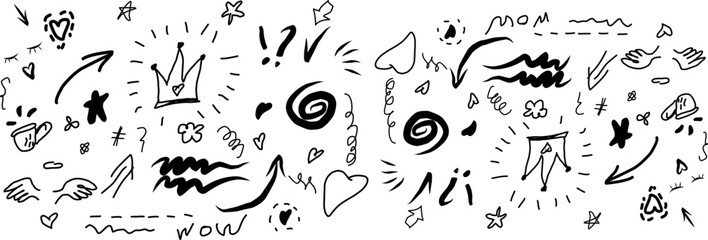 Obraz premium Hand-drawn black line doodles: swirls, sparkles, arrows, crowns, and exclamation marks on white. Abstract, creative, and decorative elements.