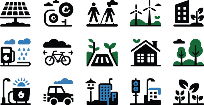 Collection of black and white vector icons representing sustainability environmentalism and eco friendly practices for a greener and more sustainable future