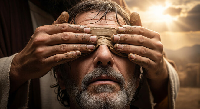 Biblical stories cinematic scene of Jesus Christ performing the miracle of healing a blind man with divine light in ancient Jerusalem