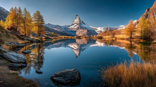 Panoramic autumn morning landscape of stellisee lake reflecting the iconic matterhorn peak with vibrant alpine colors near zermatt in the swiss alps europe - Powered by Adobe