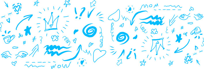 Hand-drawn blue line doodles: swirls, sparkles, arrows, crowns, and exclamation marks on white. Abstract, creative, and decorative elements.