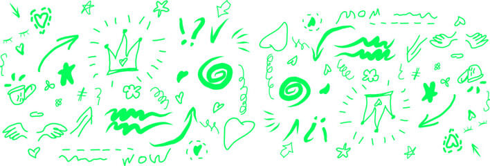 Hand-drawn green line doodles: swirls, sparkles, arrows, crowns, and exclamation marks on white. Abstract, creative, and decorative elements.