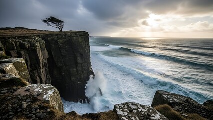 Dramatic coastal scene cliffside tree buffeted by wind, waves crashing under a cloudy sky