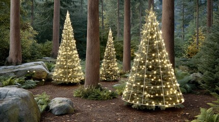 A charming setup features three small trees adorned with lights, surrounded by soft moss and animated butterflies in a serene forest