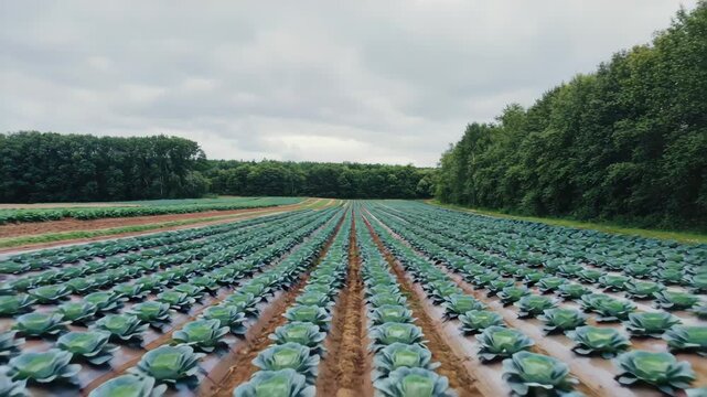 Expansive agricultural field with neat rows of fresh green cabbage growing for harvest. Large scale commercial farming and food production in a rural countryside landscape