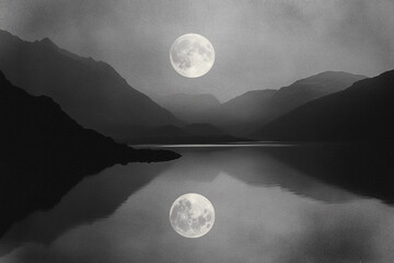 The full moon appearing doubled in a still mountain lake  