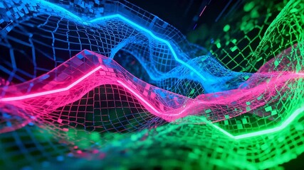 Colorful neon grid wave pattern - Powered by Adobe