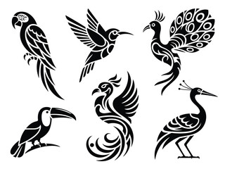 Naklejka premium Stylized Black and White Exotic Birds Vector Collection Featuring Parrot, Hummingbird, Peacock, Cockatoo, Toucan, and Ibis in a Decorative Tribal Graphic or Tattoo Style.