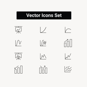 Collection of thin line vector icons illustrating diverse graphs charts for data analysis and presentation purposes