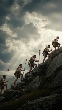 Groups of early humans ascend steep rocks while searching for food in a wild landscape