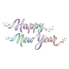 Fototapeta premium Happy new year text with colorful watercolor splashes and glitter