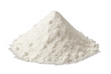 White powder forming a soft heap on a transparent background, perfect for use as a cooking or baking ingredient