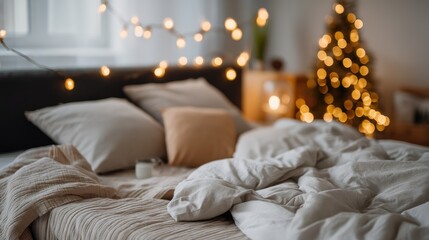 Soft lights and festive decor create a warm atmosphere in a cozy bedroom featuring a Christmas tree and inviting bed