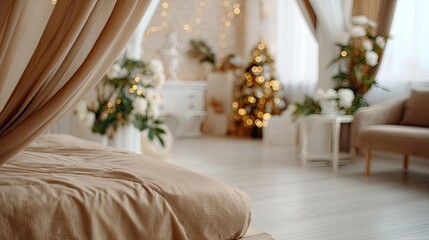 Soft lights and festive decor create a warm atmosphere in a cozy bedroom featuring a Christmas tree and inviting bed
