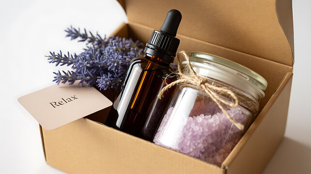 Gift Box With Lavender Essential Oil And Bath Salts relaxation self care - Powered by Adobe