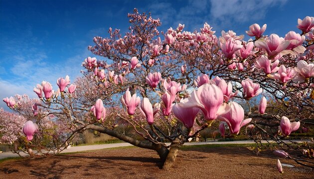 Pink Magnolia Tree Flowering In Spring - Powered by Adobe