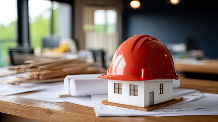A wooden table holds a white cup, a small decorative house, and a glass jar of objects in a serene setting