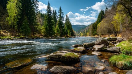Rapid mountain river flowing through dense spruce forest on a bright spring morning with clear waves running over boulders and lush grassy riverbank creating serene natural landscape scenery
