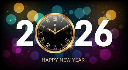 Happy new year 2026 celebration with clock and bokeh lights