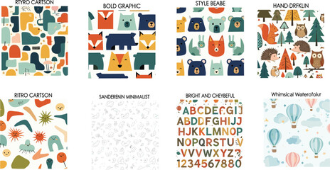 Cute nursery patterns collection, retro abstract shapes, woodland animals, alphabet letters, hot air balloons, minimalist background, vector illustrations for kids textile print. © MstShahida