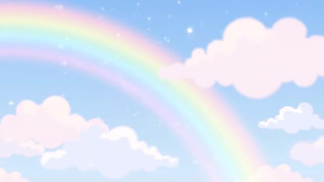 An animated pastel sky featuring a large, soft rainbow arcing over fluffy pink and white clouds, accented by subtle sparkles, perfect for a cheerful weather forecast or dreamy background.