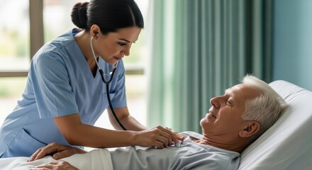 Caring professional nurse in blue scrubs attentively examines a smiling senior patient, providing compassionate medical care and ensuring well-being in a modern hospital