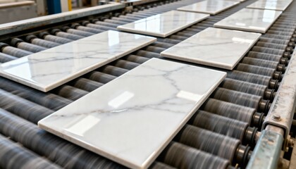 Polished white marble-look tiles move on a factory conveyor belt, demonstrating industrial production and quality control, showing glossy finish.