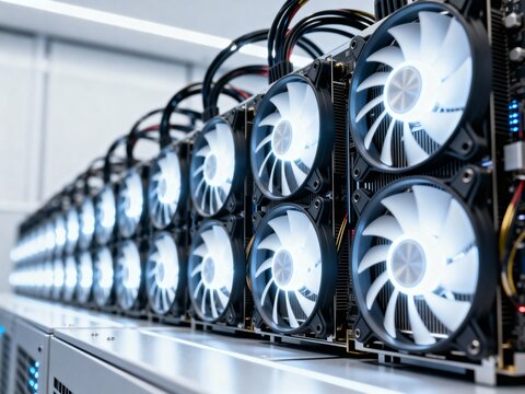 Close-up of a row of high-performance computing units with brightly illuminated cooling fans in a data center.