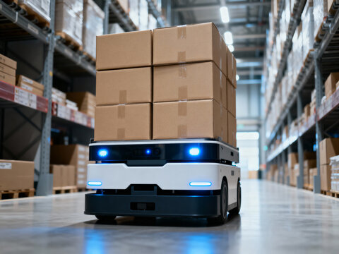 Autonomous robot carrying cardboard boxes down a warehouse aisle with tall shelves stocked with inventory.