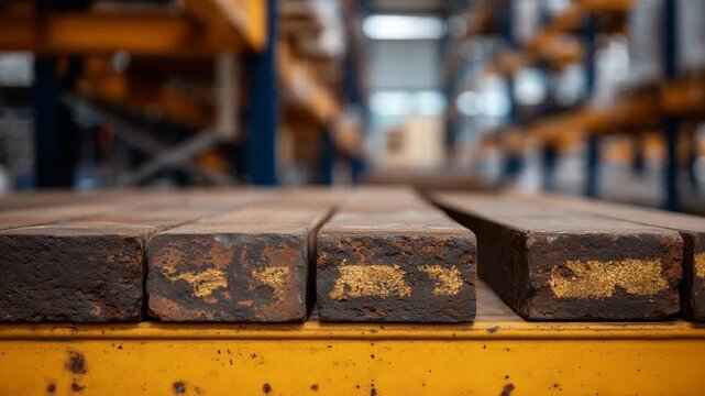 91Close-up macro shot showing rough brick surfaces stacked on steel shelving, rich reds and yellows contrasting against the gray industrial background